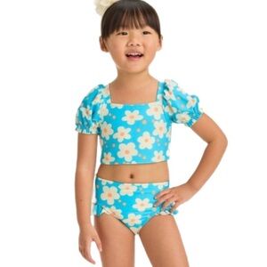 Cat & Jack Girls' Puff Sleeve Crop Top Bikini Set Blue Floral Size 4
